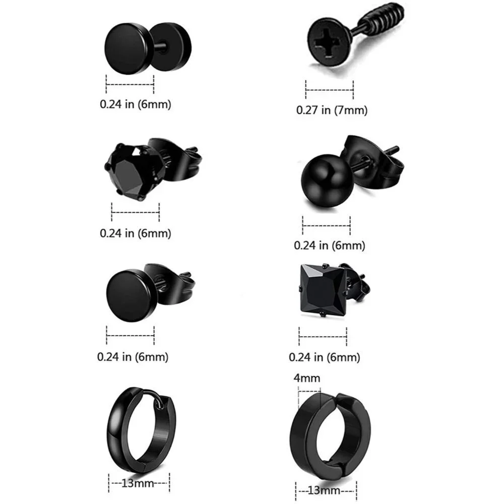 14 pairs Punk Black Hoop Dangle Stud Earrings